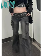 Lunivop Y2K Woman Jeans Baggy Low Waist Denim Pants Wide Leg Floor-Length Pockets With Belt